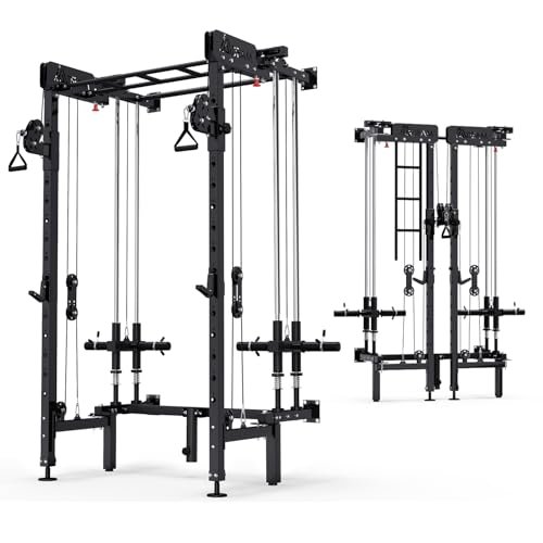 Folding Squat Rack, Wall Mounted Power Rack with Cable...