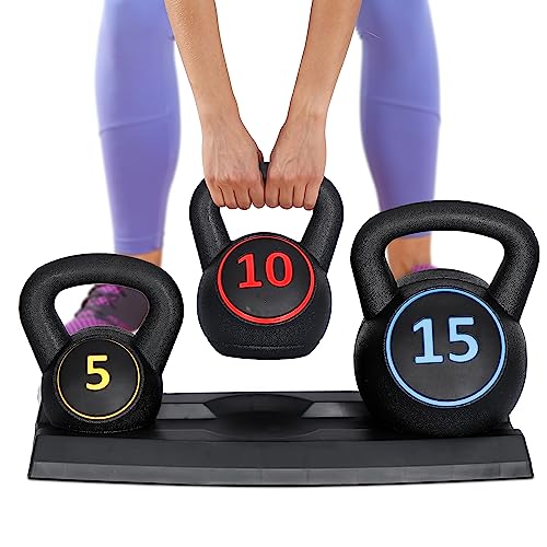 F2C 3-Piece Kettlebell Set with Storage Rack 5lb, 10lb,...