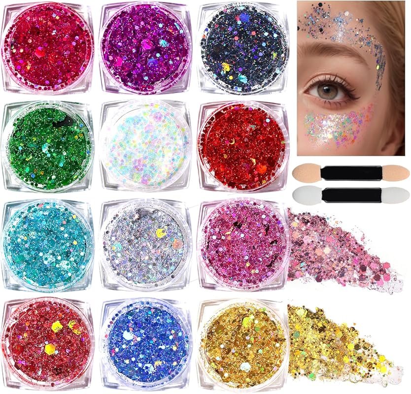 12 Colors Makeup Body Glitter Gel for Face, Hair, and Body Art
