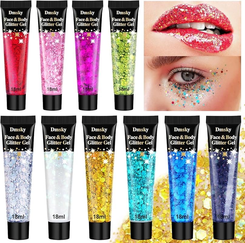 10 Colors Body Glitter,Face Glitter Makeup for Kids Women,Sparkly Chunky Hair Gl...