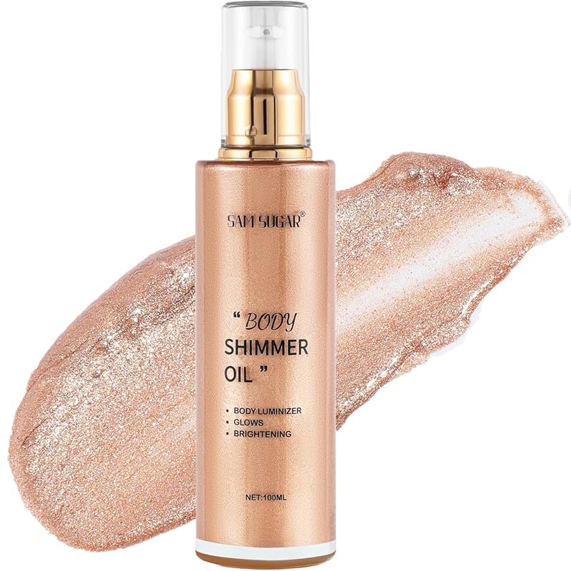 Moisturizing Body Makeup Oil with Light Rose Gold Shimmer for Face & Body.