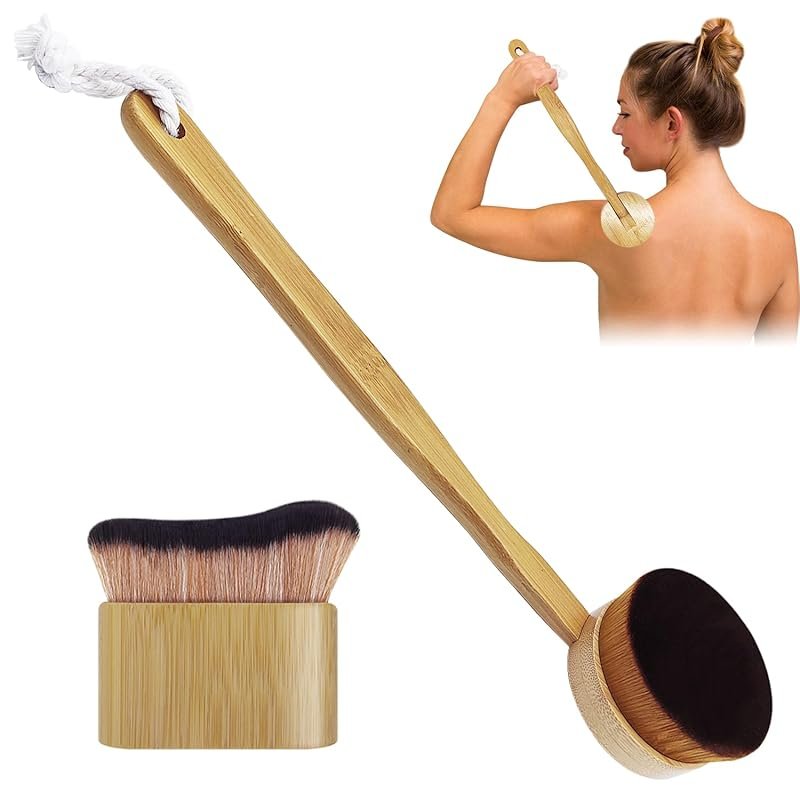 Dual Body Makeup Brush Set: Long Handle Back Applicator and Kabuki for Self Tann...
