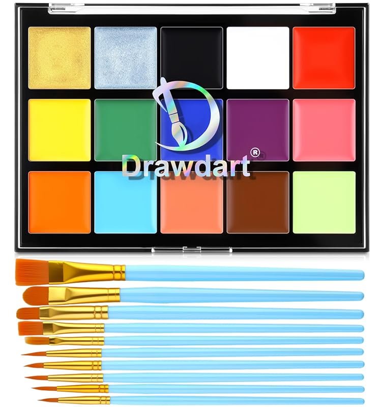 Body Paint Makeup Kit: 15 Colors Face Paint Palette, 10 Brushes for Halloween & ...