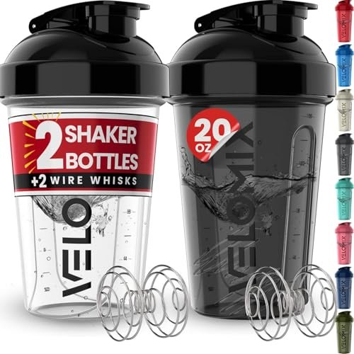 VELOMIX -2 Pack- 20 oz Protein Shaker Bottles, Leak Proof.