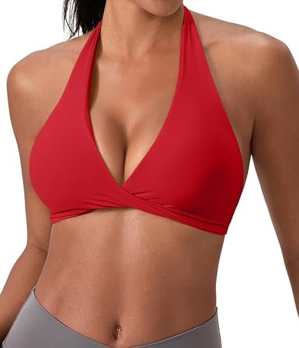 SPVISE Red Womens Halter Sports Bra Light Support Padded