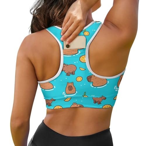 POLERO Cute Capybara Sports Bra with Phone Pocket Women's