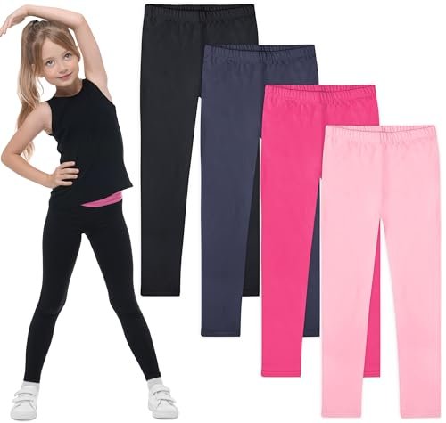 FEQO 4 Pack Girls Cotton Leggings Stretchy Full Length Pants