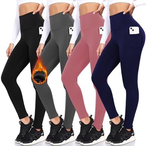 FULLSOFT 4 Pack Fleece Lined Leggings with Pockets for Women