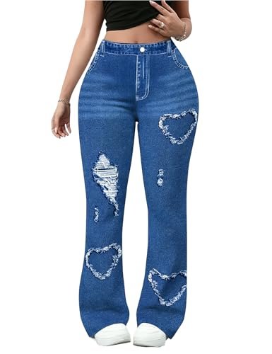 Ctsazhy Plus Size Stretchy Wide Leg Pants with Denim Print