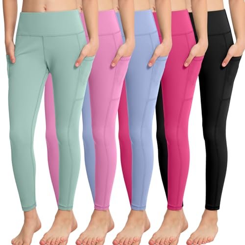 CHRLEISURE Girls' Athletic Leggings with Pockets, 5 Packs