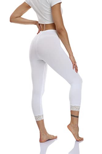 Women's Lace Trim Capri Leggings Stretchy High Waist