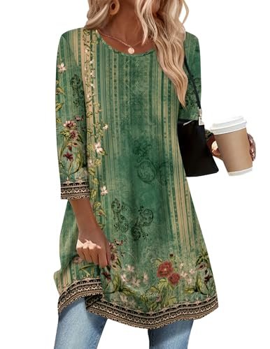 Zeagoo Plant Printed Crew Neck 3/4 Sleeve Tunic Top