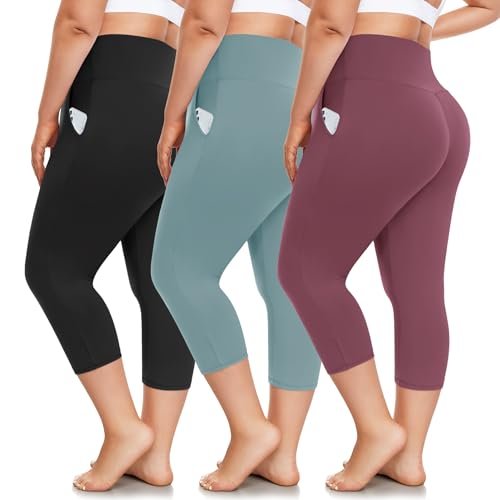 FULLSOFT 3 Pack Plus Size Capri Leggings with Pockets
